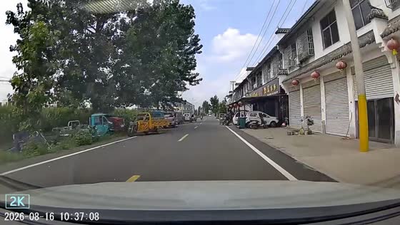 Cargo tricycle overturns as rider turns at residential road in Henan, China