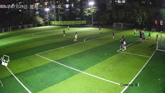 Long-range strike scores goal during nighttime soccer game in Guangdong, China