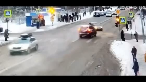 Pedestrians injured after car crash at busy intersection in Arkhangelsk, Russia