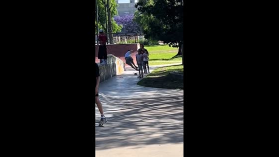 Skater slips and causes girl to trip in San Antonio de Areco, Argentina