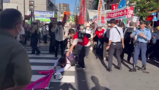 Protester pushed down by police at Anti-war protest in Tokyo