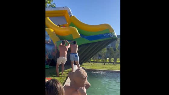 Inflatable slide blown away by wind at pool party in Escobar Partido, Argentina