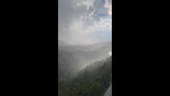 Sudden rainstorm sweeps across the Smoky Mountains in Pigeon Forge, USA