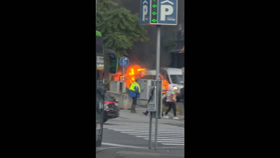 Delivery van catches fire outside Graz Central Station in Graz, Austria