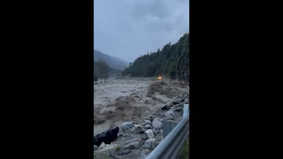 Torrential floodwaters destroy roads in Manali, Himachal Pradesh