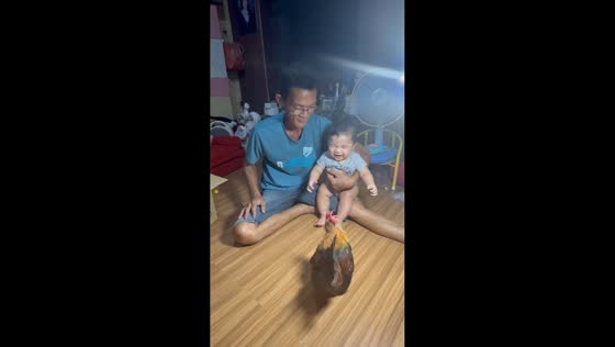 Grandfather plays with grandson surrounded by roosters in Mabalacat, Philippines