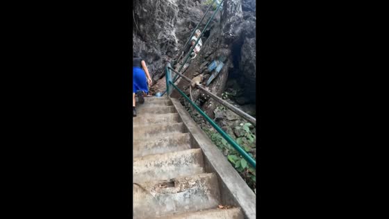 Playful monkey slides down the handrail at Tiger Cave Temple, Thailand