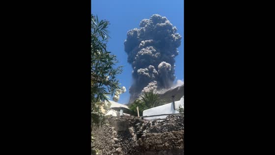 Ash cloud eruption at Stromboli Volcano