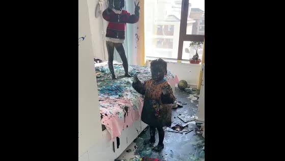 Children and room completely covered in paint in Ningxia, China