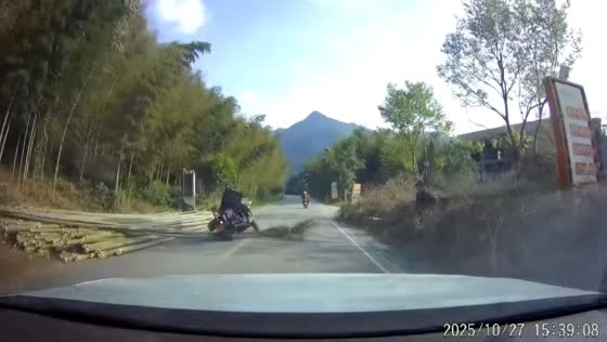 Motorcycle crashes after hitting bamboo stick in Anhui, China