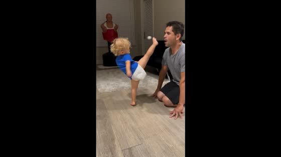 Baby shows incredible martial arts kicking skills in Huntington Beach, California, USA