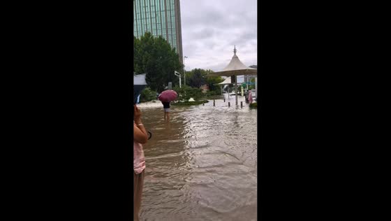 Rider falls after floodwater pushes motorcycle in Henan, China