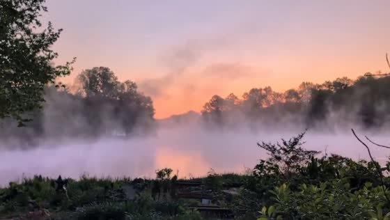 Misty sunrise over lake in Reston, Virginia, USA