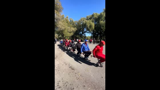 Seniors enjoy group activity on wheeled seats in Liaoning, China