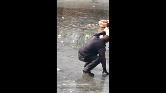 Dog falls into frozen river and is rescued in Tianjin, China