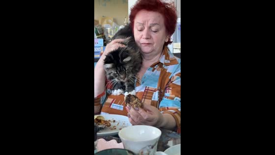 Cat climbs on shoulder to join snack time in Moscow, Russia