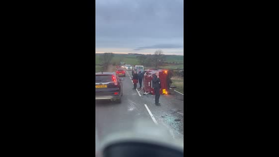 Overturned truck seen on roadway in Satley, England, UK