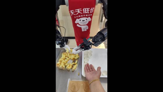 Robot wearing an apron uses robotic arms to serve food in Langfang, China