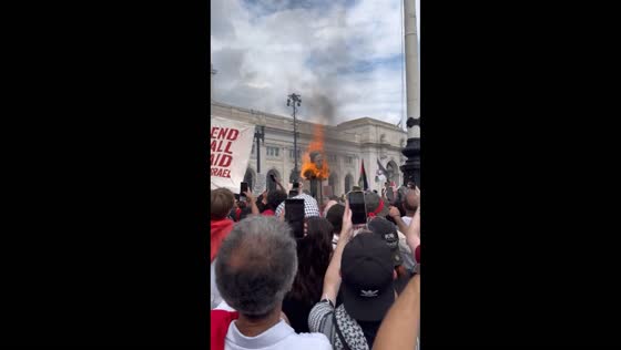 Protesters burn effigy of Netanyahu at Washington Union Station amid Gaza conflict