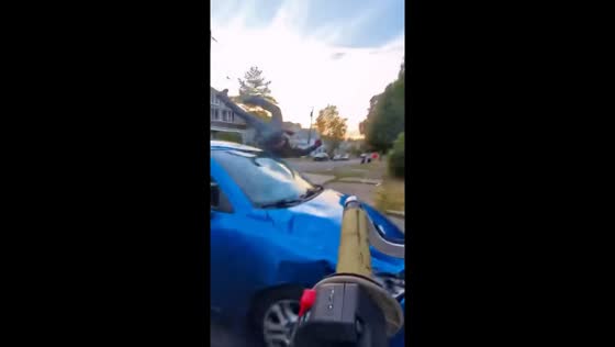 Motorcycle runs stop sign and collides with car in Syracuse, New York, USA
