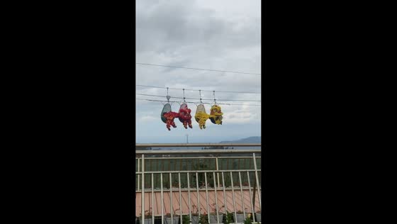 Lion dance performers take a zipline ride in Subang, West Java, Indonesia