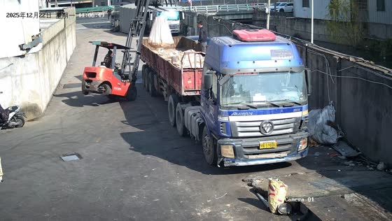 Industrial forklift tips while unloading cargo in Zhejiang, China