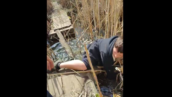 Boy slips into water while crossing with pole in Tikhoretsk, Russia