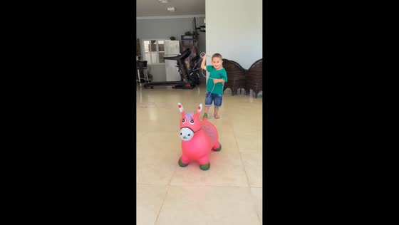 Little boy practicing lasso with toy horse in Brazil