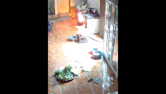 LPG cylinder leak triggers sudden burst of flames in a kitchen in Binjai, Indonesia