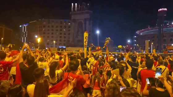 Spain fans celebrate World Cup victory at Plaza España in Barcelona, Spain