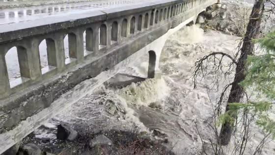 Peshastin Creek floods during atmospheric river storm in Washington, USA