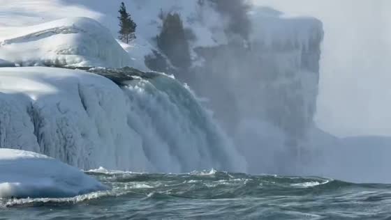 Sunny winter day with icy landscapes at Niagara Falls in New York, USA