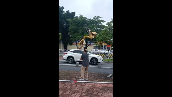 Man balances bicycle on his head in Guangdong, China