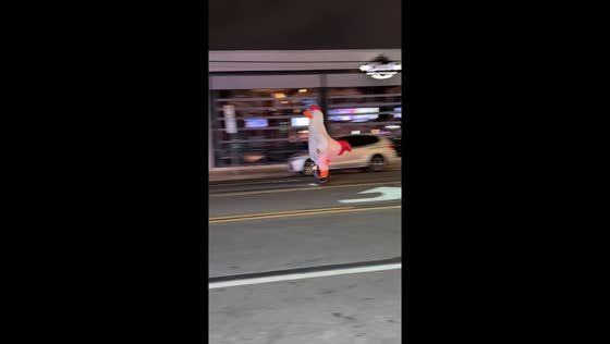 Inflatable chicken mascot rides electric unicycle in Houston, Texas, USA