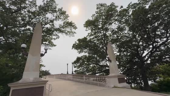Hazy sun over Weeks Footbridge in Massachusetts, USA