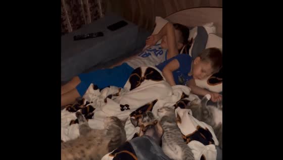 A heartwarming scene of grandchildren and pets sleeping together