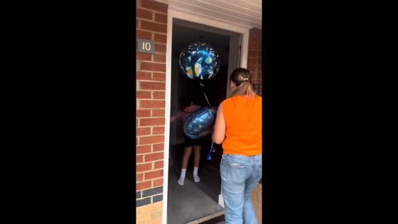 Surprise homecoming after a year away in Middlesbrough, England, UK