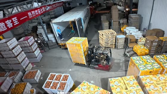 Boxes fall from forklift while worker loads truck in Shandong, China