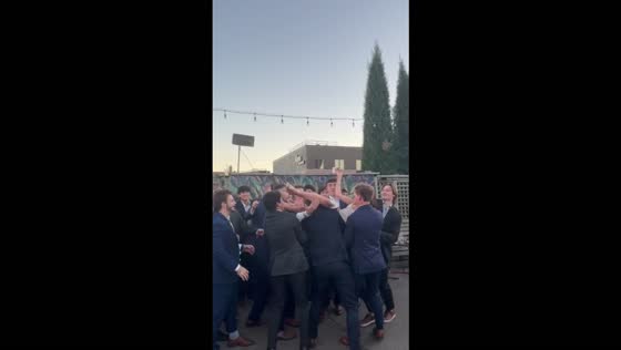 Woman's celebratory toss ends with an awkward fall in Lincoln, USA