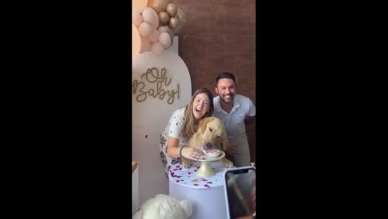 Dog reveals baby's gender by eating cake at gender reveal party in Brazil 