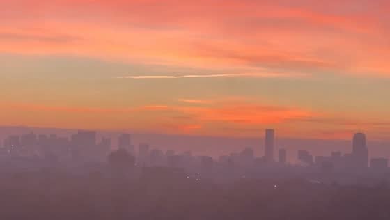 Daybreak over the Boston skyline from Cambridge
