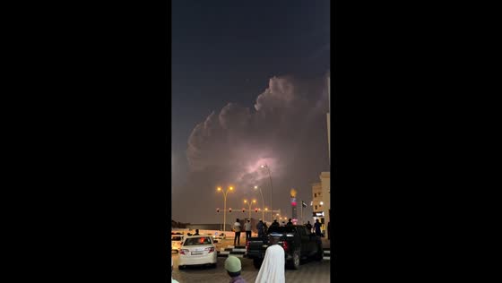 Thunderstorm and lightning streak across the sky in Doha, Qatar
