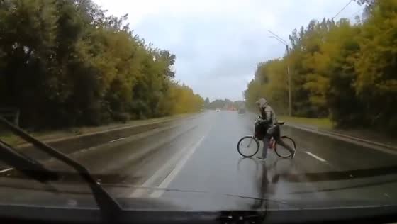 The driver of the car miraculously did not hit the girl with the bicycle!