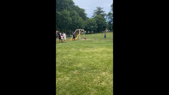 Child goalkeeper blocks shot, hits pole during soccer game in Chicago, USA