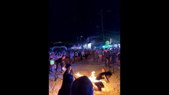 Flaming skipping rope mishap on the beach in Grand Baie, Mauritius