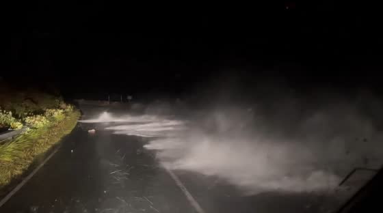 Powerful waves slam seaside road amid Storm Amy in Armadale, Scotland