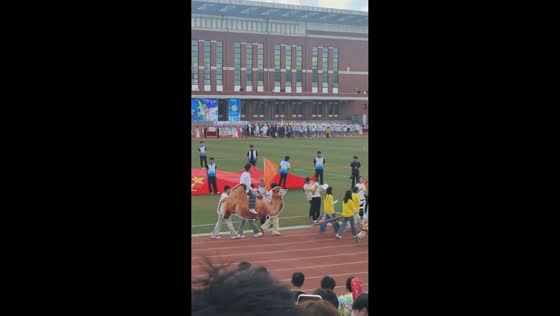 Students march with giant camel cutout during school sports event in Heilongjiang, China