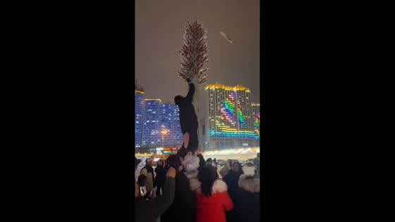 Man climbs pole to grab free candied haws in Jilin, China