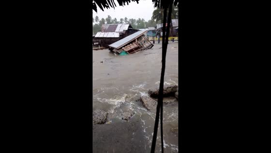 Stilt house collapses amid Tropical Storm Basyang in Cagwait, Surigao del Sur, Philippines