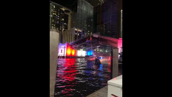 Sailboat collides with closing bridge mishap in Miami. Florida, USA